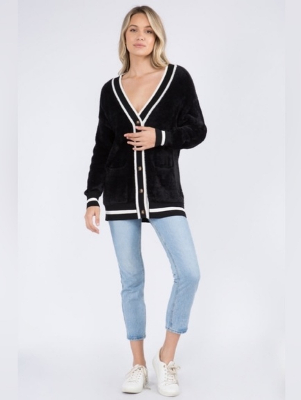 Sunday Best Black Cardigan with White Trim
